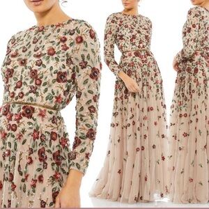 Mac duggal 5533 Floral Appliqué long sleeve illusion Gown Nwt